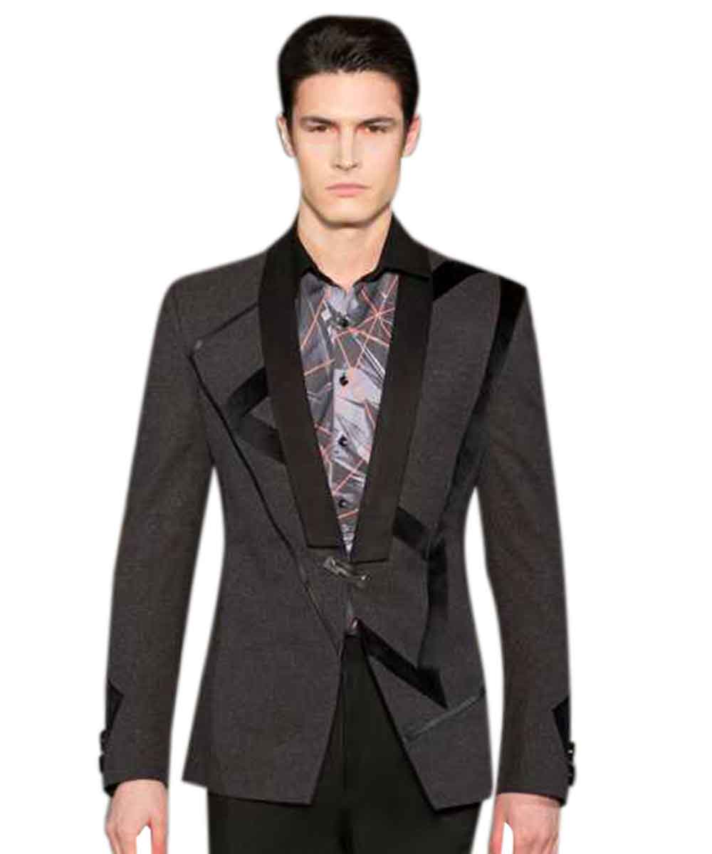 Signature grey cut and sew tuxedo set with velvet detail
