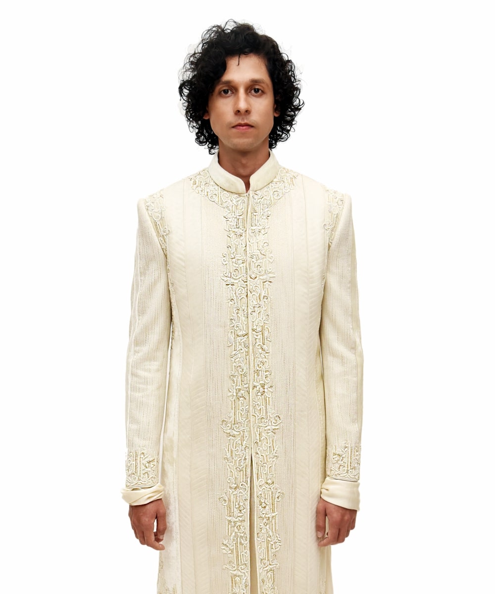 Cream  cut and sew and pleated Embroidered Sherwani set
