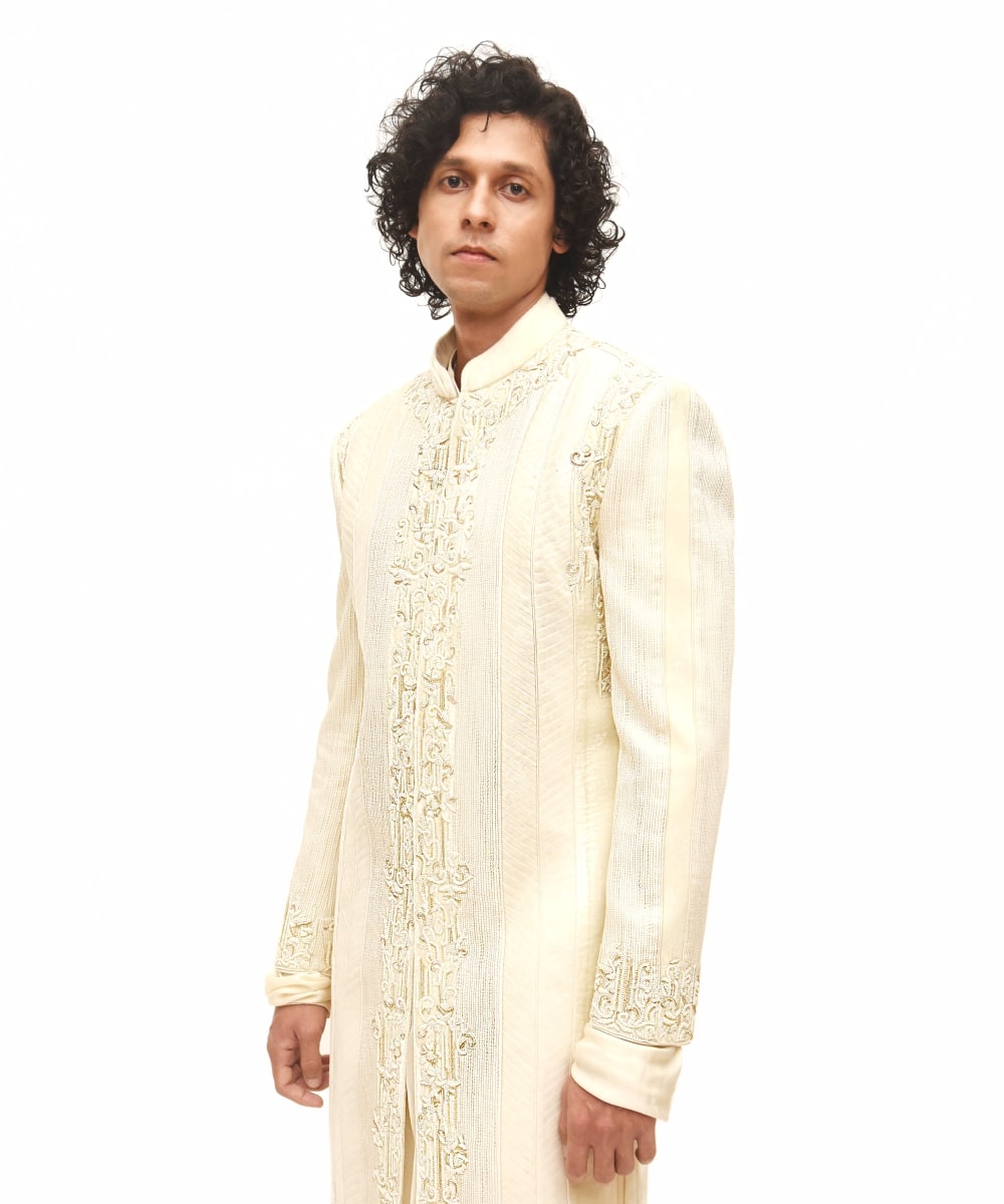 Cream  cut and sew and pleated Embroidered Sherwani set