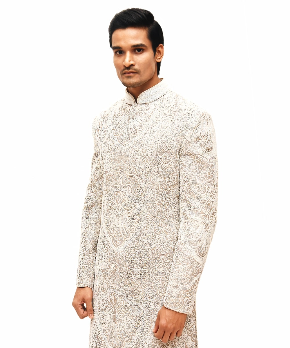Beige And Silver jacquard pearl Embroidered Sherwani set