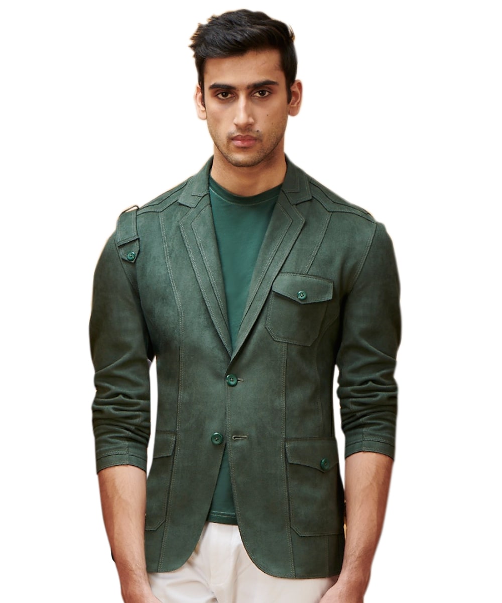 Pine Green stretch Suede cut and sew Travel Jacket