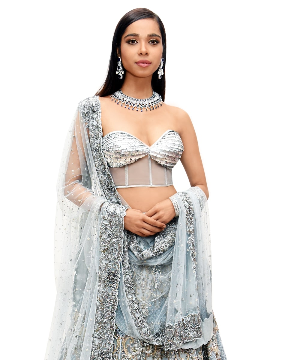 Intricately hand embroidered Ice blue lehenga and Tulle Corset
