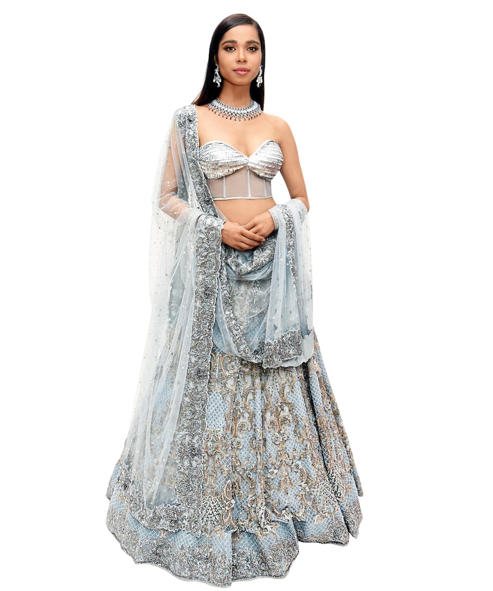 Intricately hand embroidered Ice blue lehenga and Tulle Corset