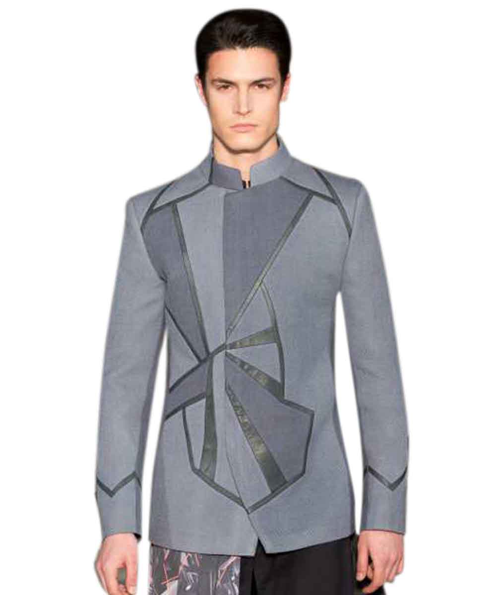 Signature bluish grey cut and sew jacket with leather detail
