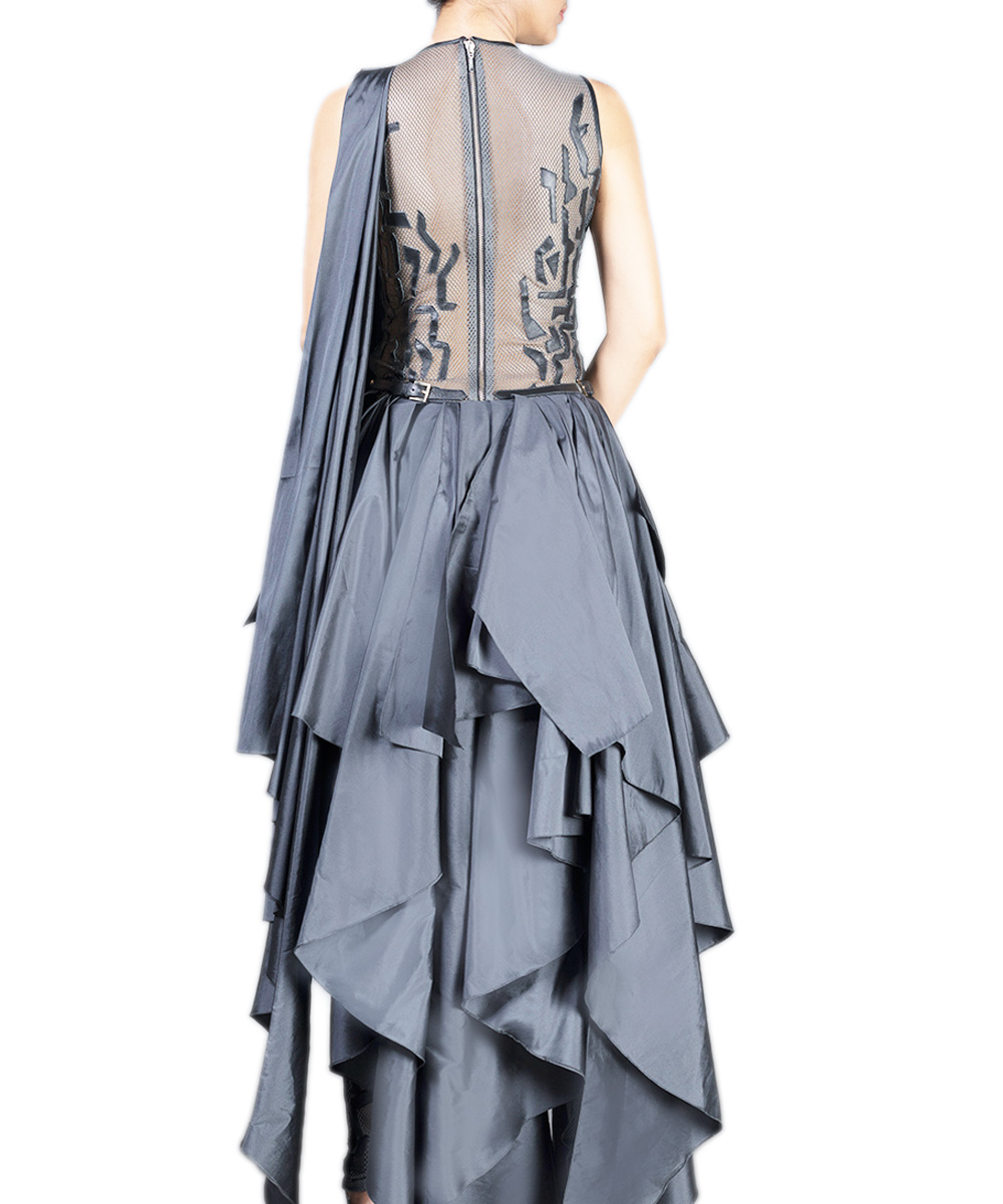 Gunmetal Embroidered Gown With Sheer Detailing