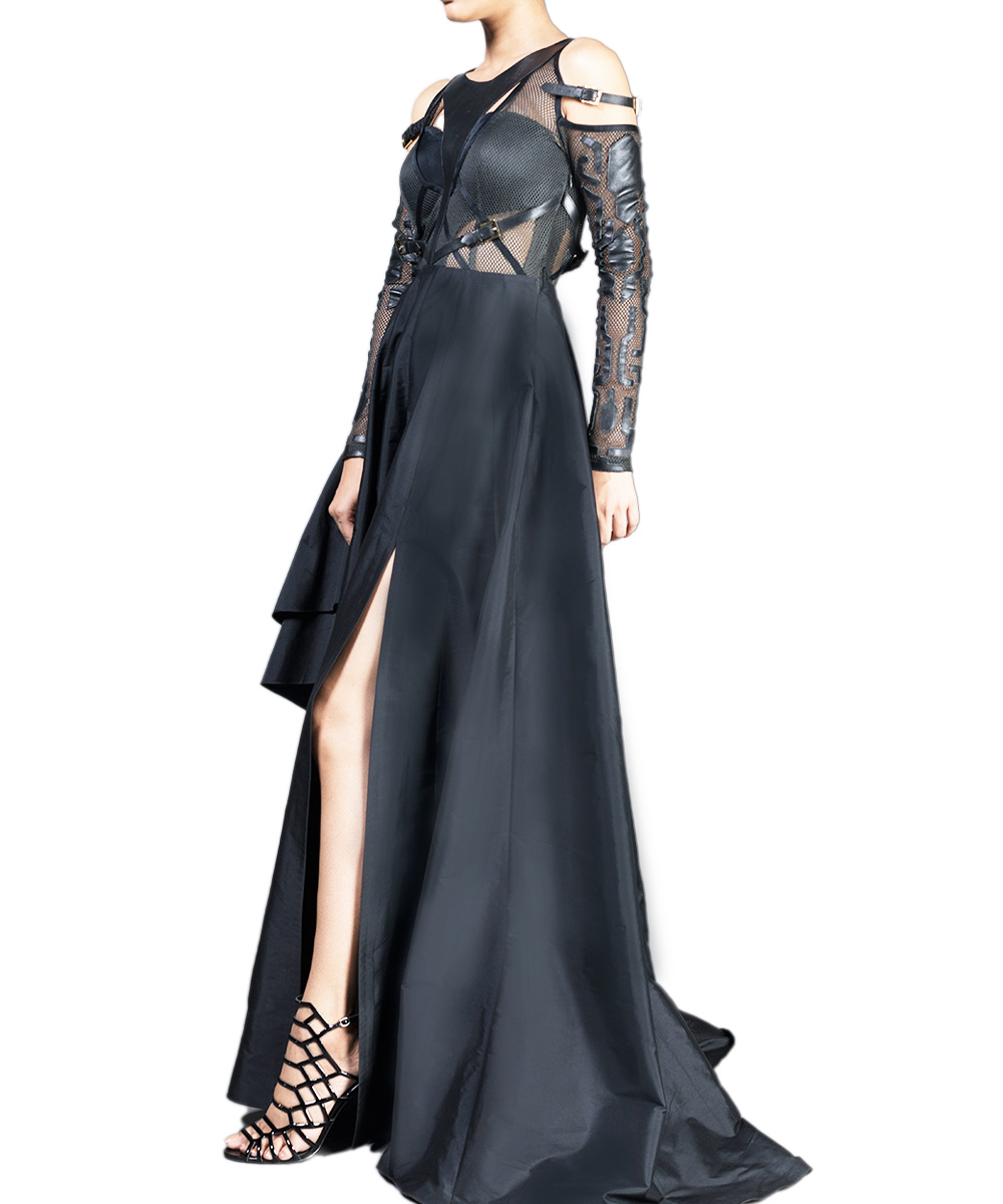 Cut-Out Black Gown With Leather Detailing