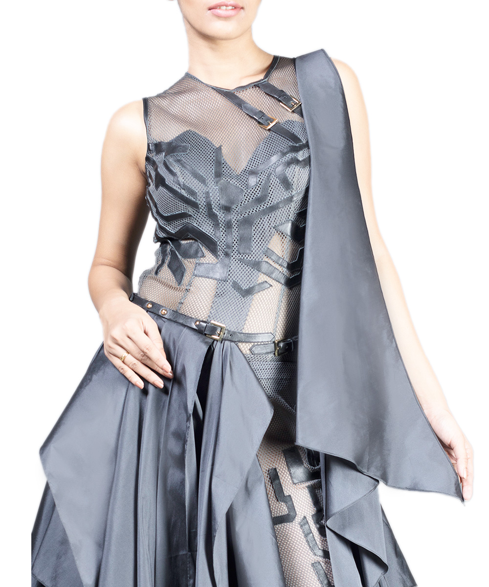 Gunmetal Embroidered Gown With Sheer Detailing