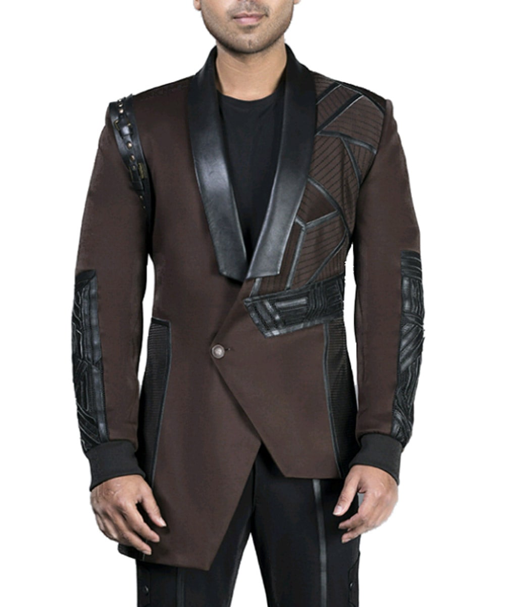Mocha Cut & Sew Blazer With Leather Details