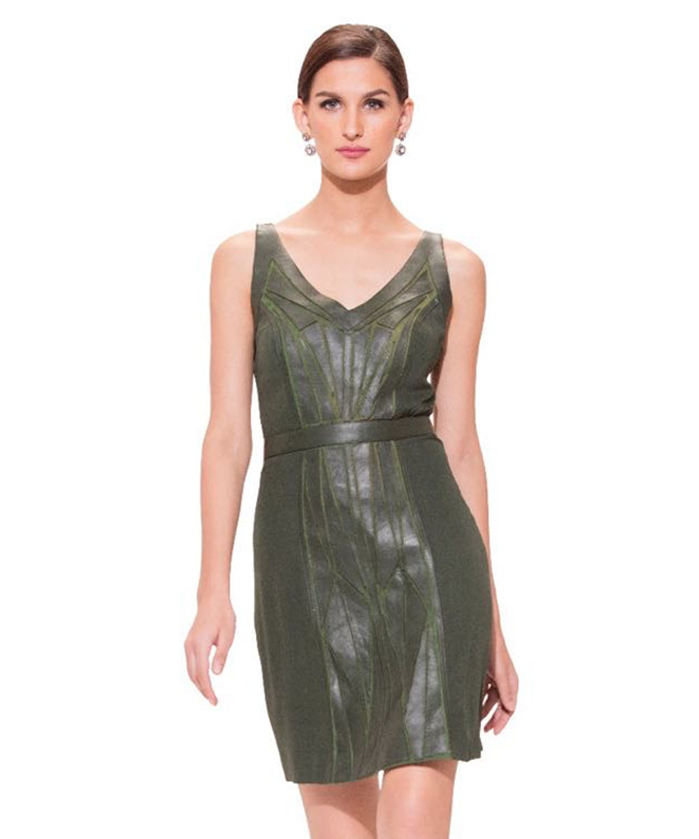 Olive green dress with leather applique