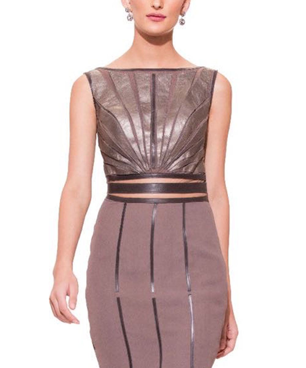 Slate dress with geometric leather applique