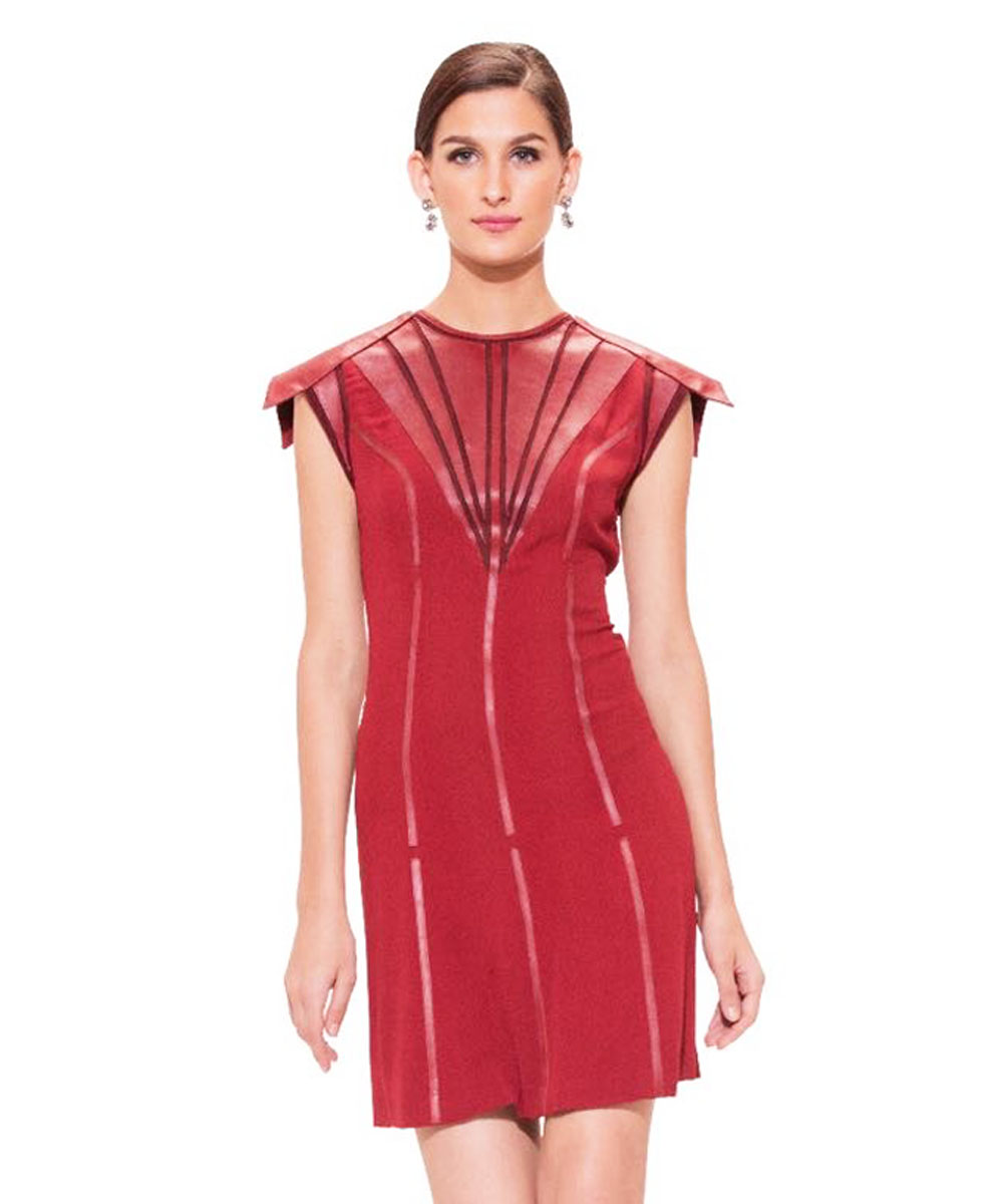 Red dress with leath applique and shoulder accent