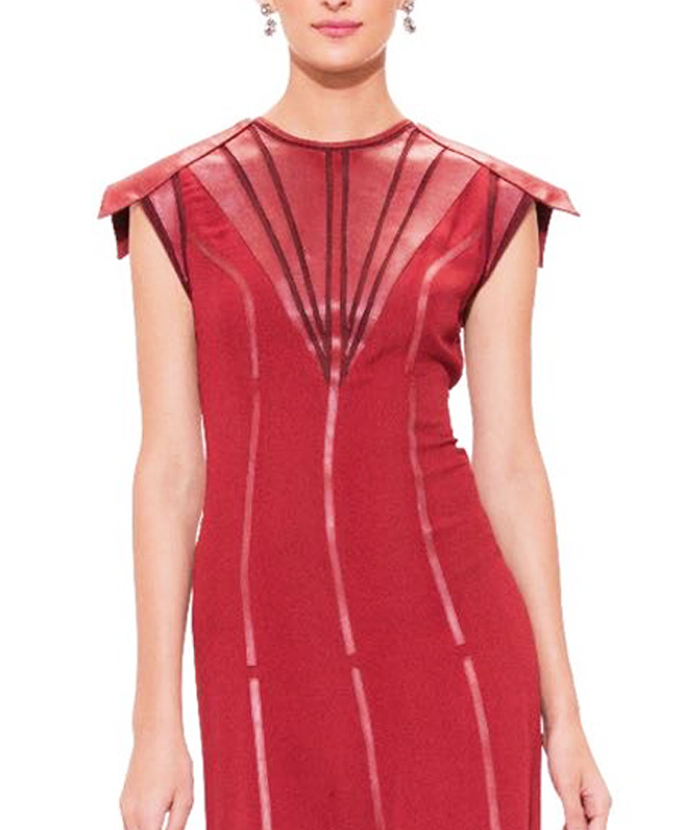 Red dress with leath applique and shoulder accent