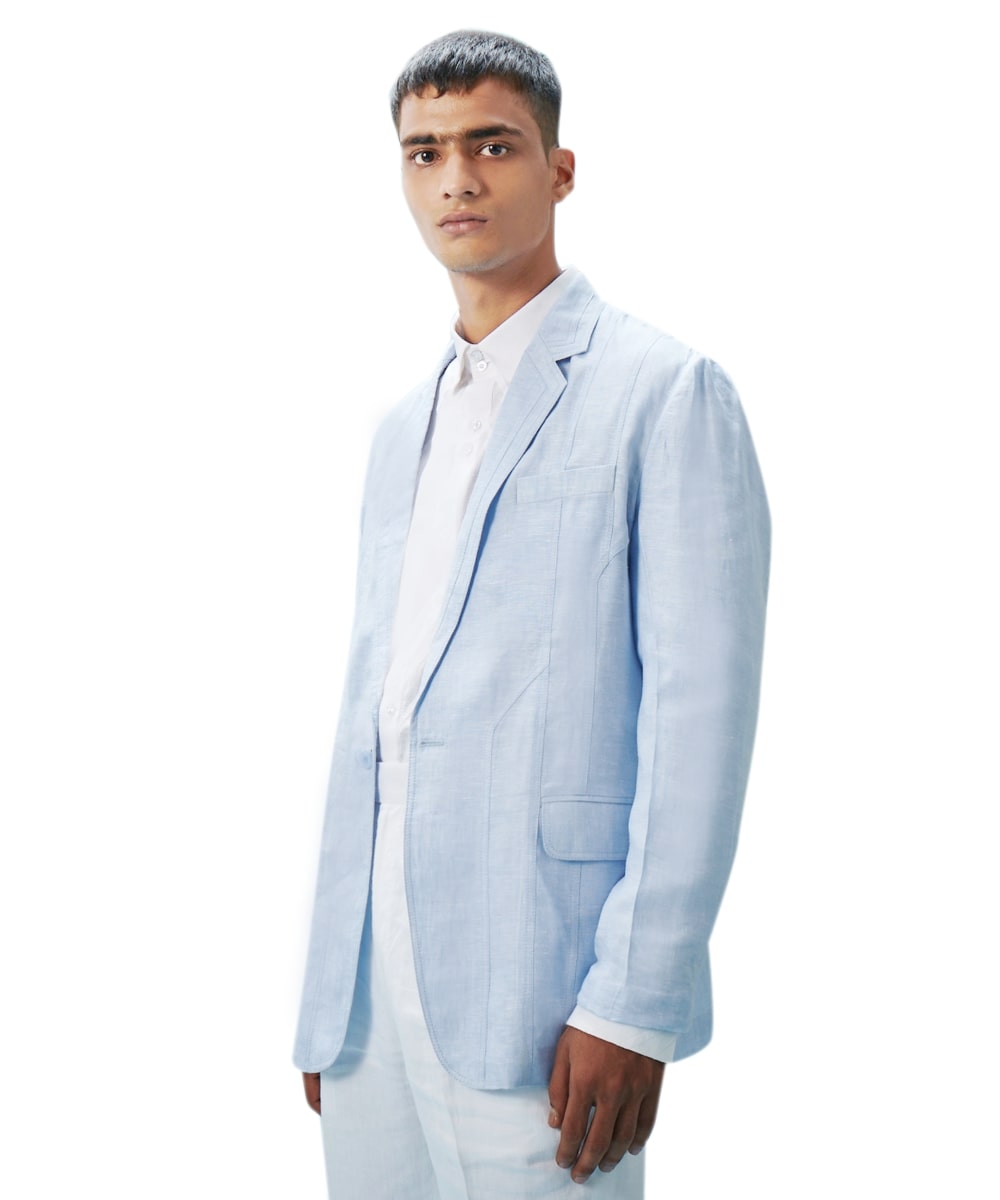 Signature cut and sew sky blue deconstructed Linen jacket set