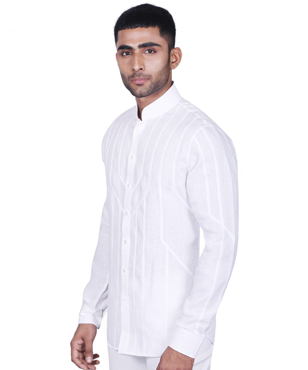 White linen  chinese collar Cut & Sew Shirt