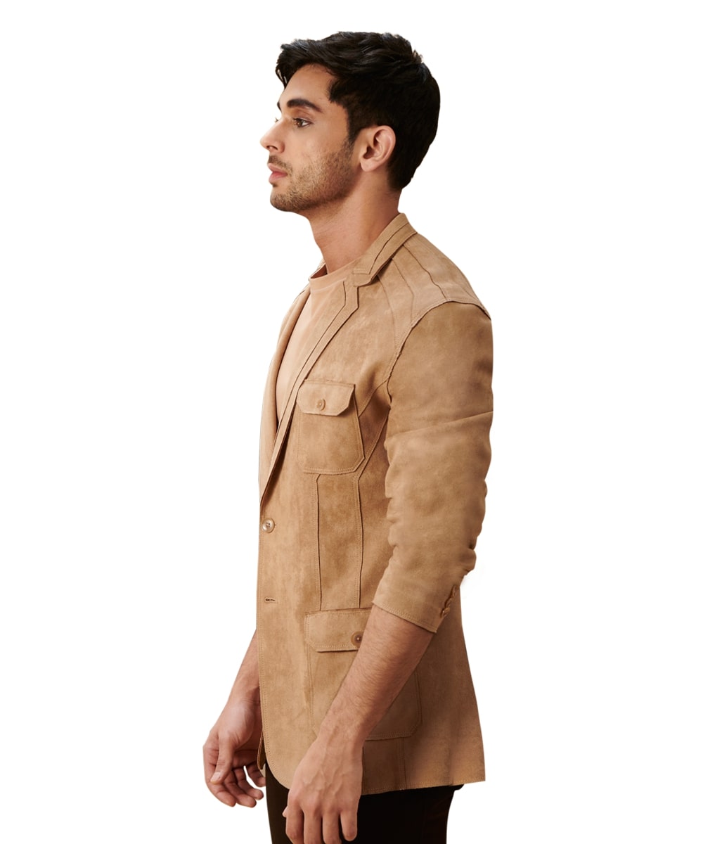 Camel stretch Suede cut and sew Travel Jacket