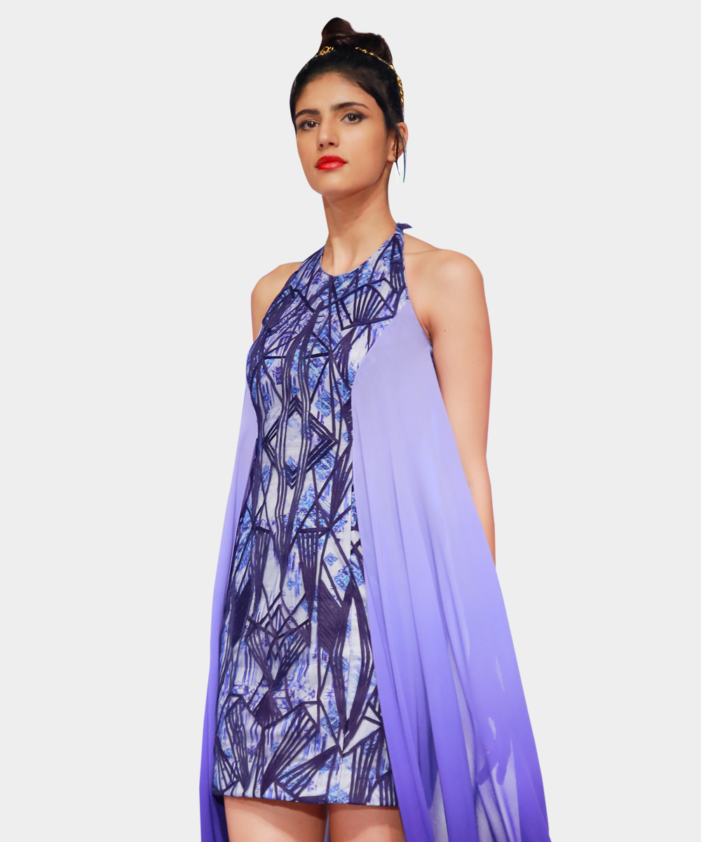 Azure Blue custom digital printed dress with hand cording detail and georgette cascades