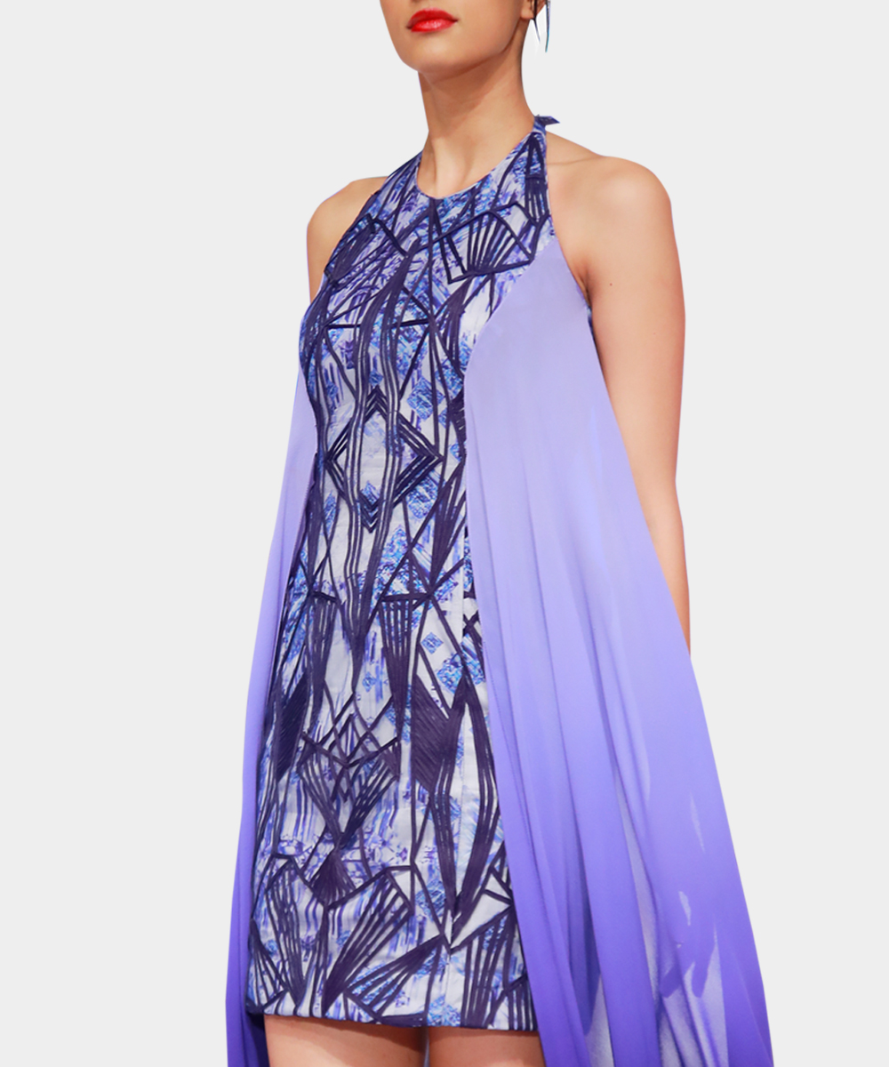 Azure Blue custom digital printed dress with hand cording detail and georgette cascades