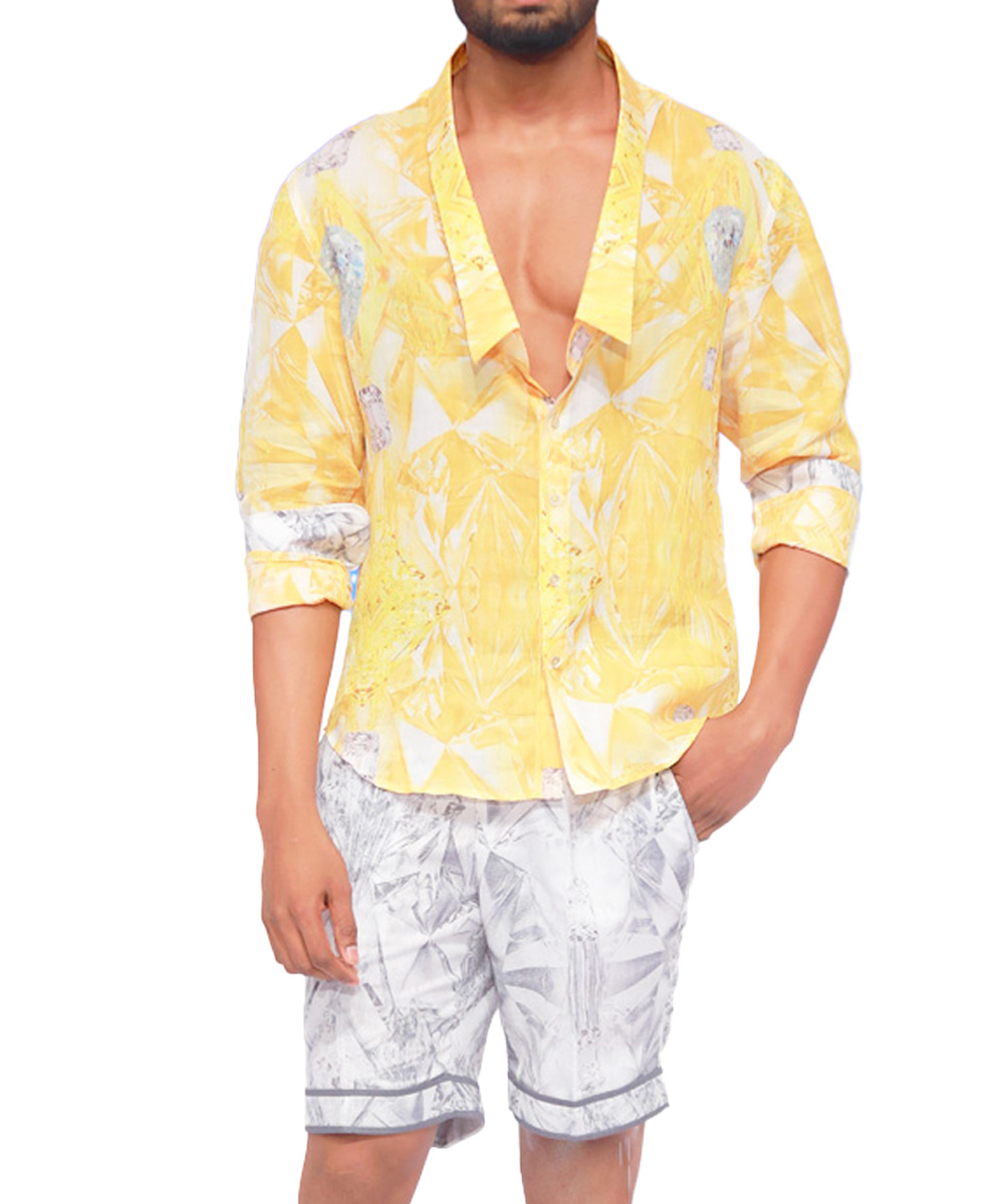 Yellow custom digital print drop collar shirt