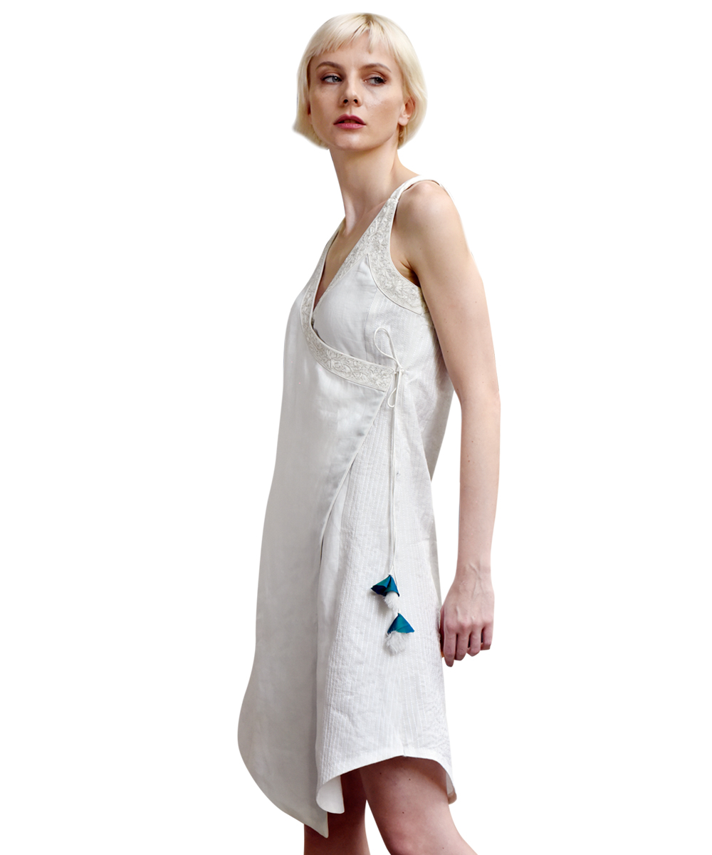Ivory Linen dress with ivory resham embroidery