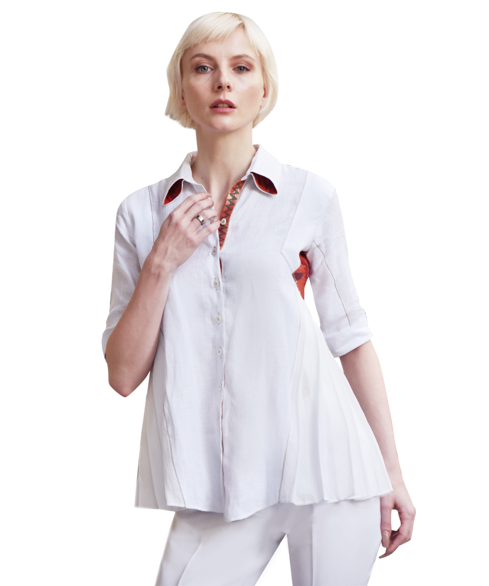 Ivory linen pleated shirt with brocade detail