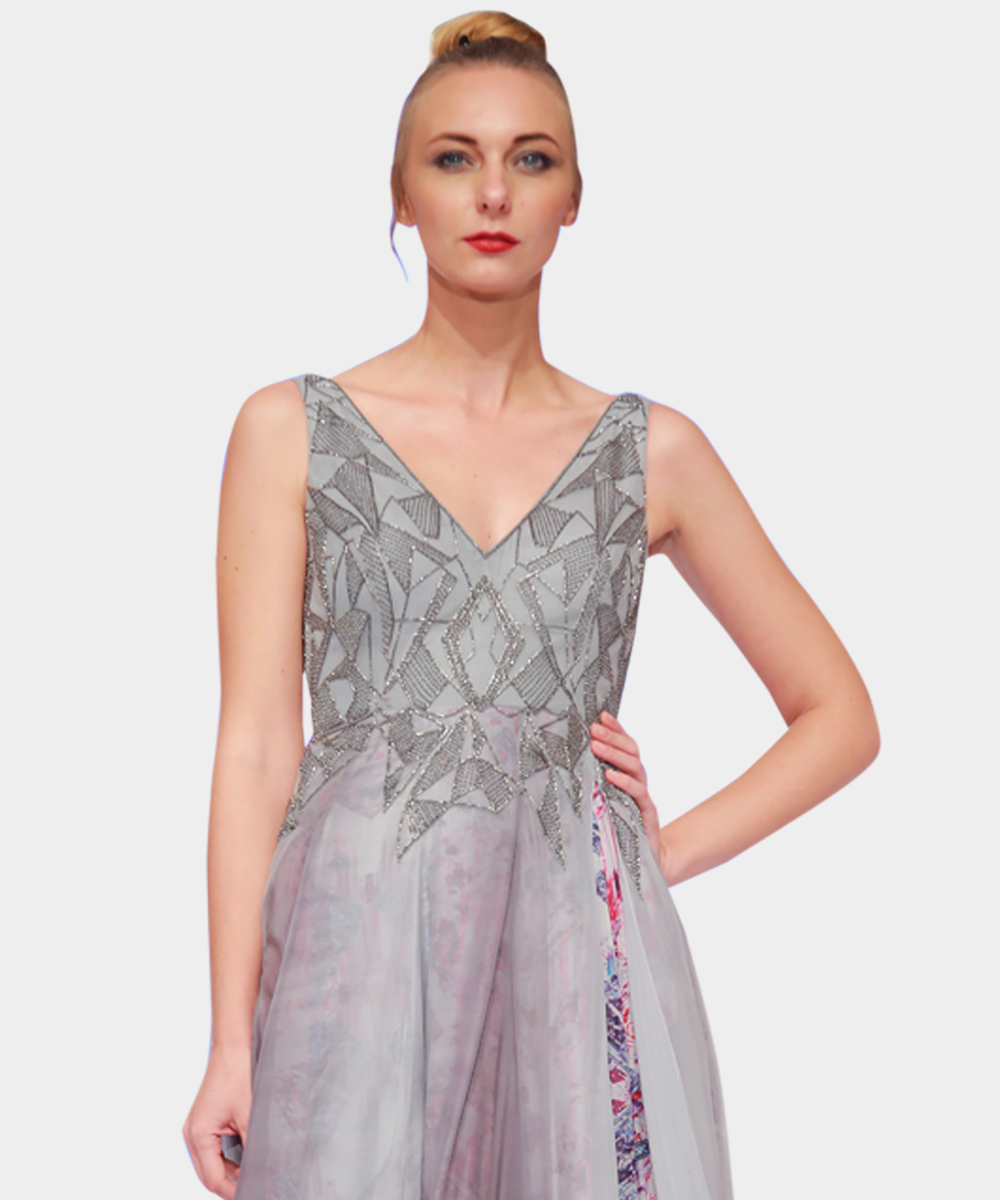 Grey ambré embellished gown with a custom digital print lining