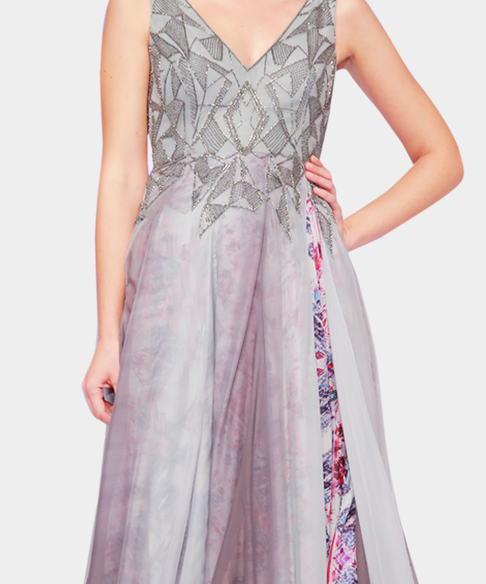 Grey ambré embellished gown with a custom digital print lining