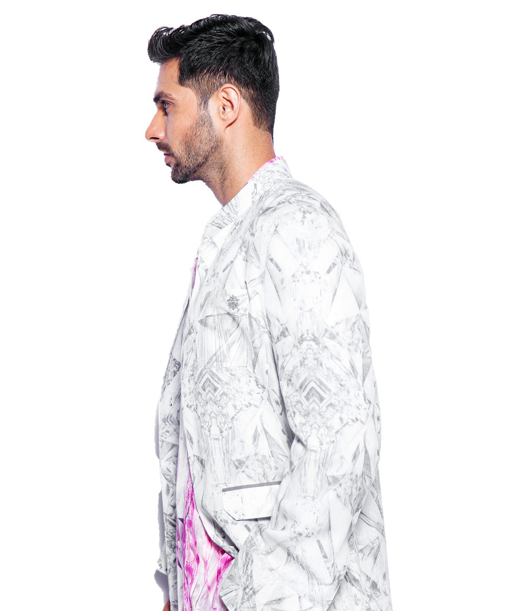 Custom digital printed deconstructed linen long jacket