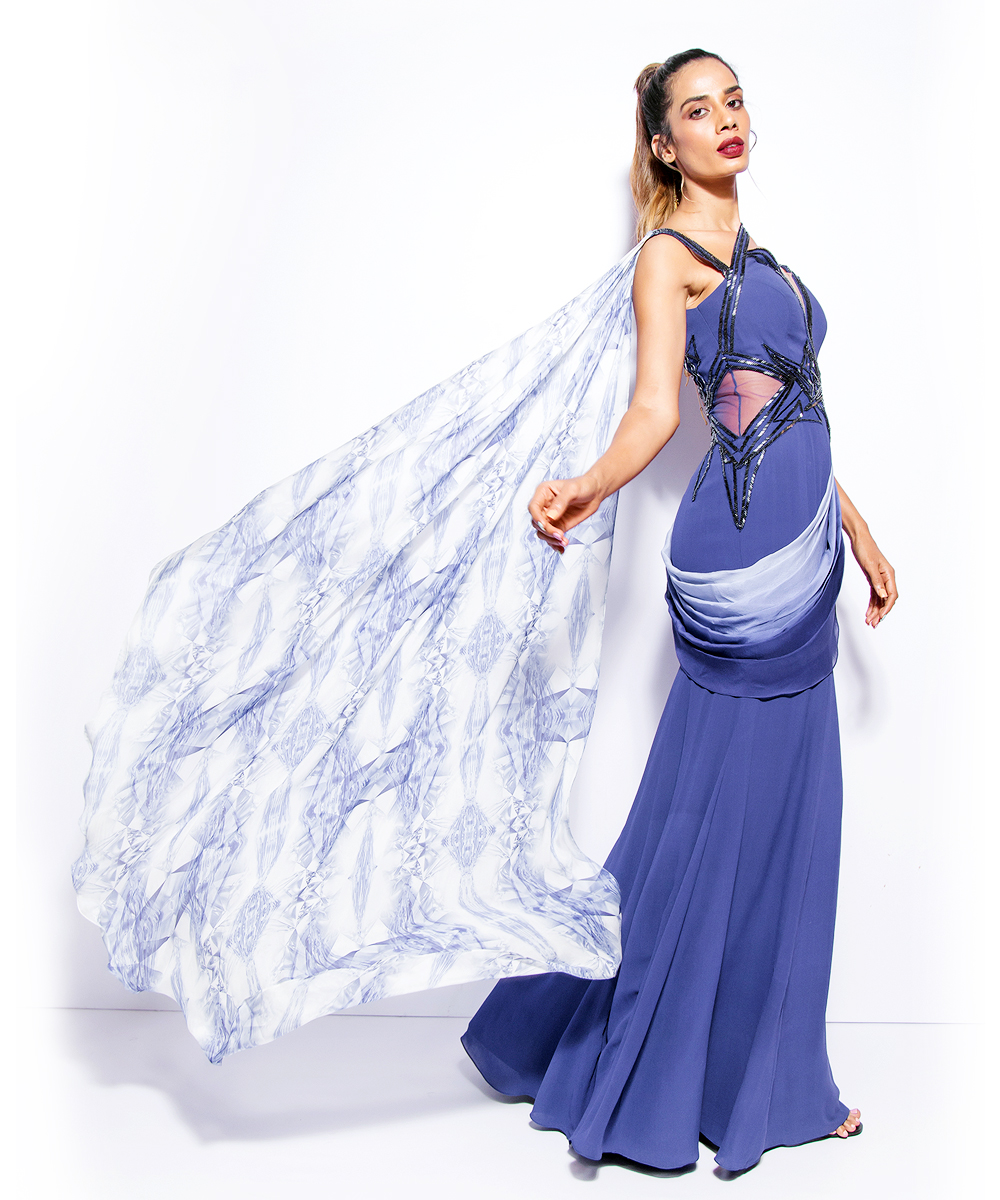 Royal marine saree gown with hand embellished detail and digital printed drape