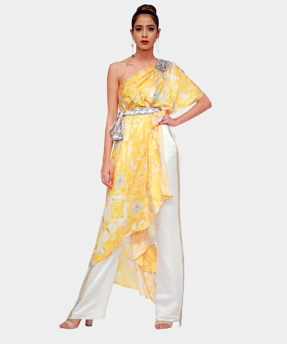 Yellow custom digital printed drape top with white satin belt