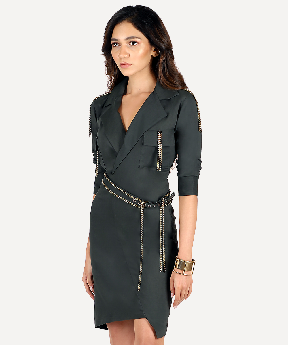 Forest Green Blazer Dress With Chain Detailing