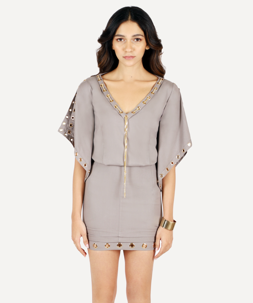 Dove Grey Top With BatWing Sleeves And Mini Skirt Set