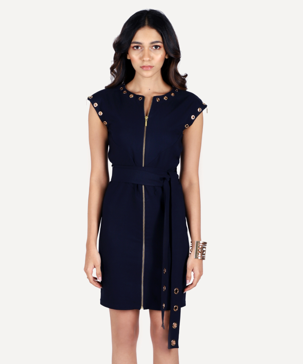 Navy Dress With Rivet And Front Zipper