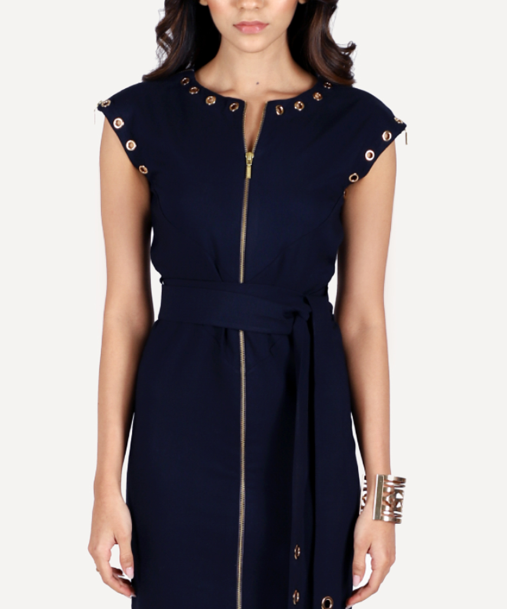 Navy Dress With Rivet And Front Zipper