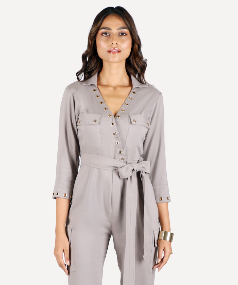 Dove Grey Jumpsuit With Rivet Detailing And Matching Belt