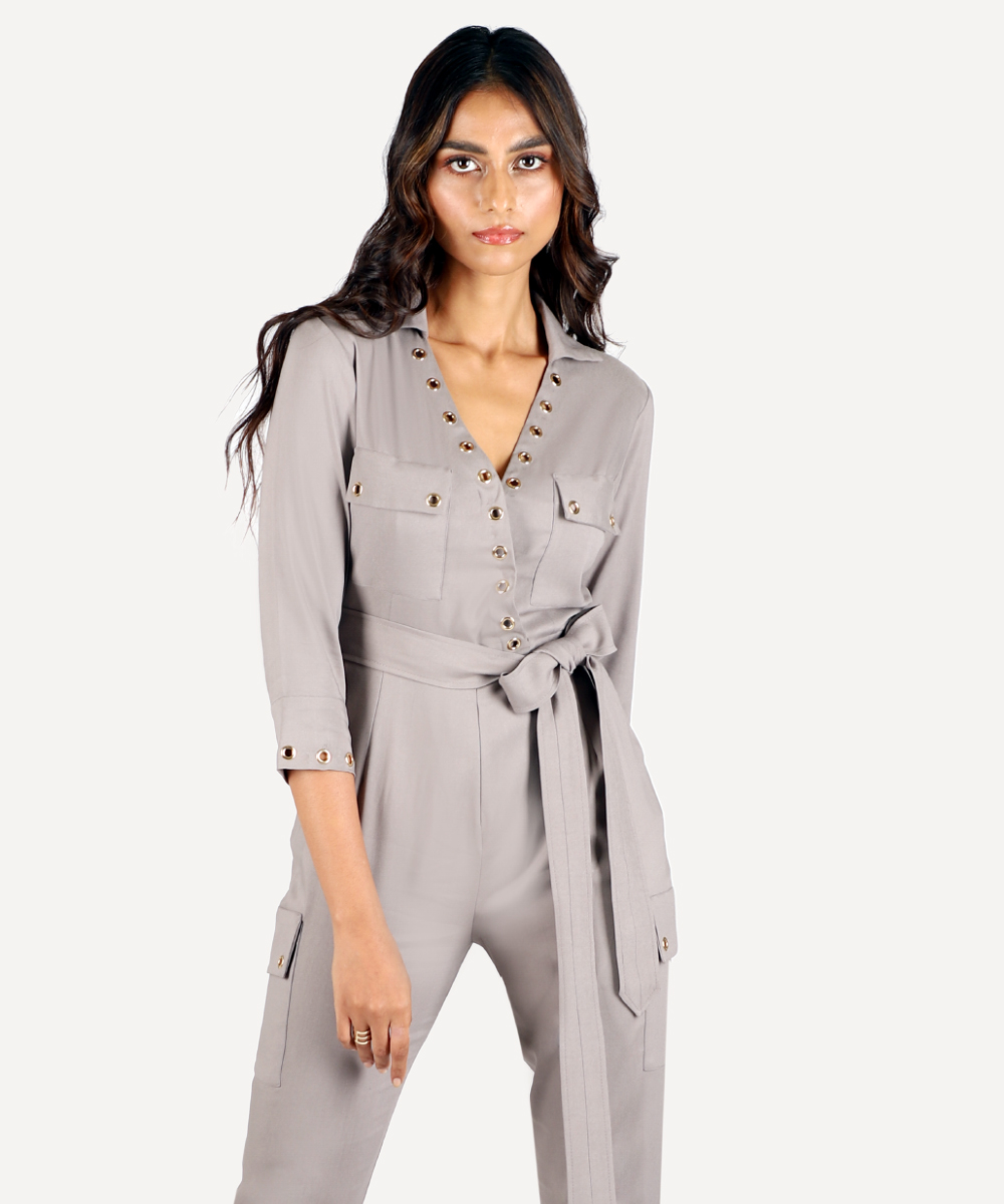 Dove Grey Jumpsuit With Rivet Detailing And Matching Belt