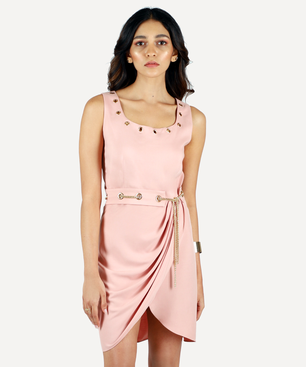 Rose Quartz Dress With Rivet Detailing And Matching Blazer