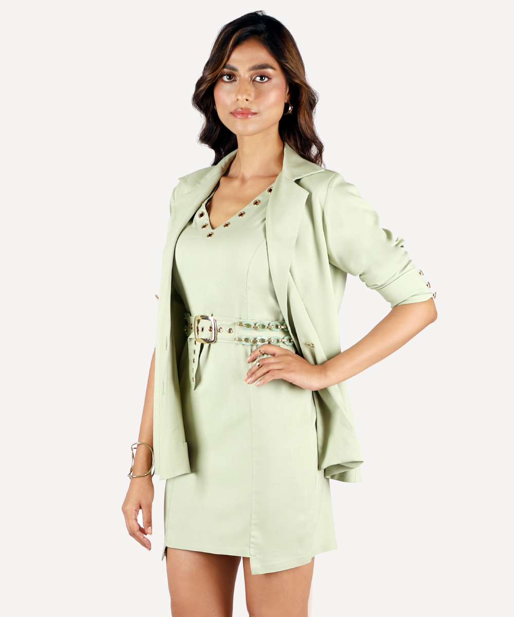 Mint Dress With Rivet Detailing, Matching Blazer And Belt