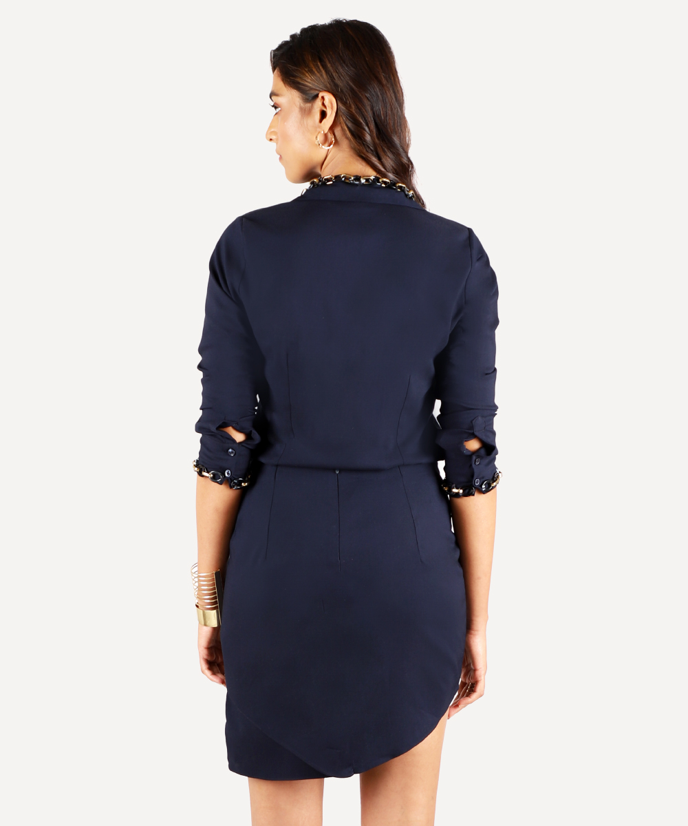 Navy-blue Shirt With Chainmail Detailing And Overlap Skirt