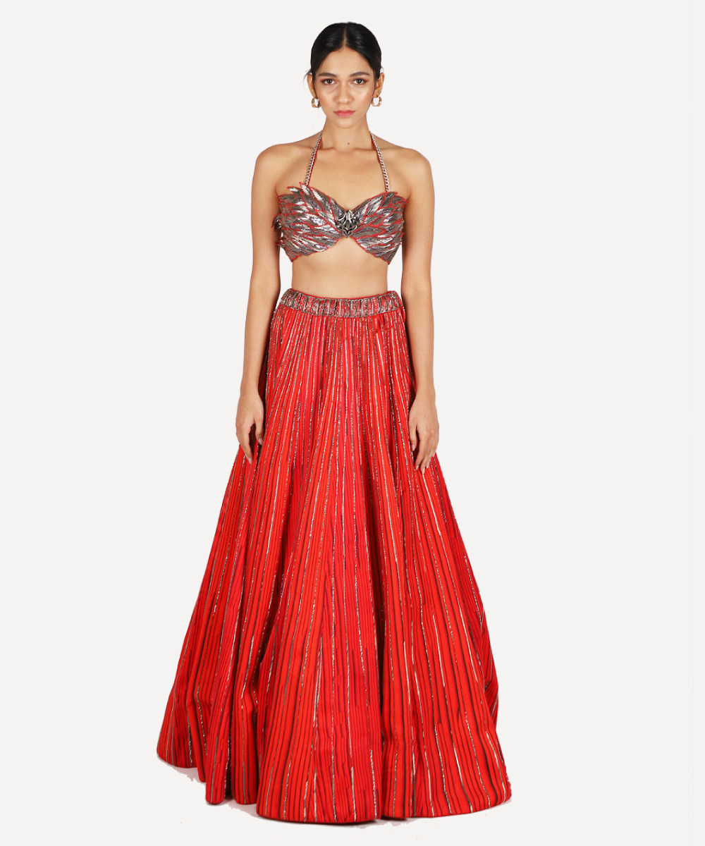 Crimson Printed Lehenga With Embroidered Bustier