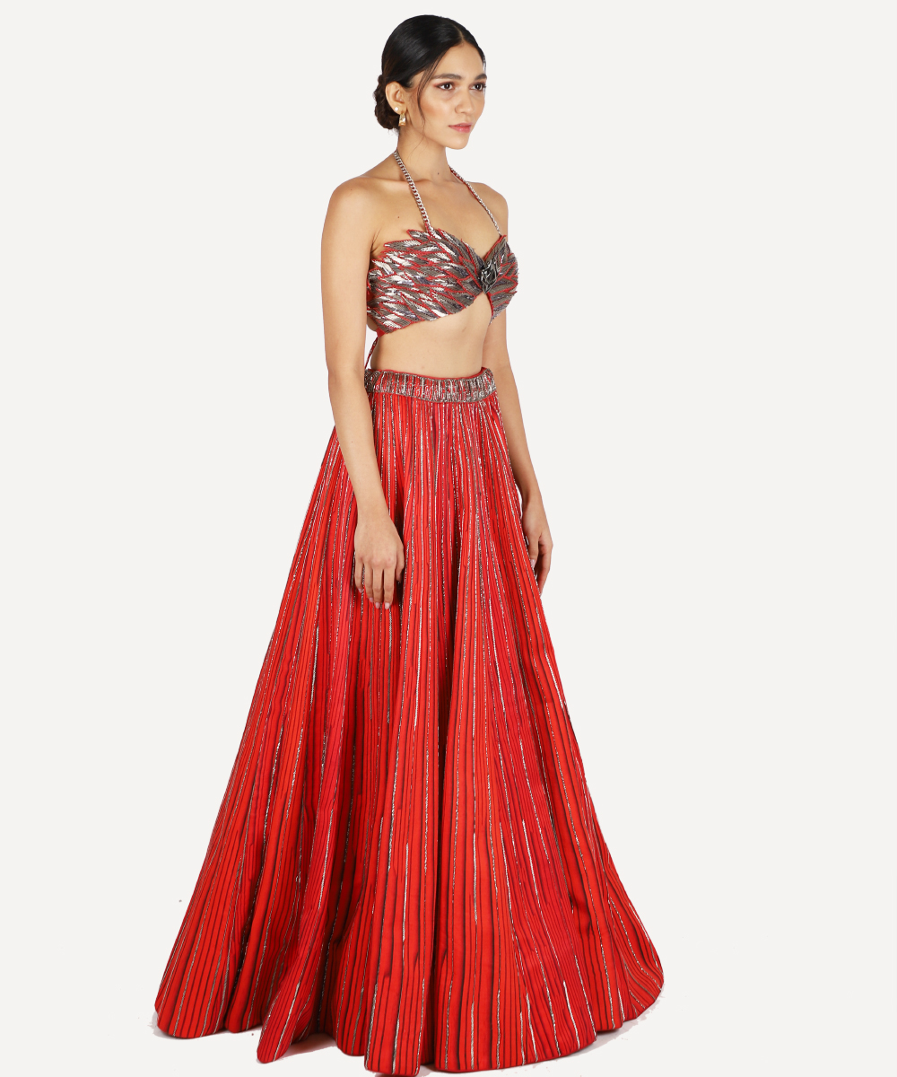 Crimson Printed Lehenga With Embroidered Bustier