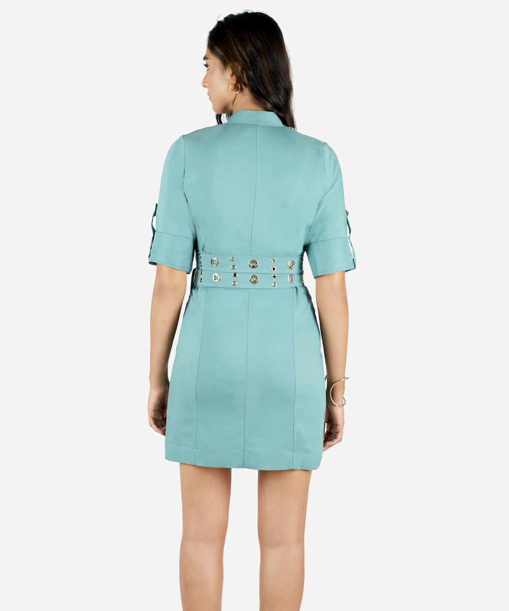 Tiffany Blue Dress With Front Zipper And Matching Belt