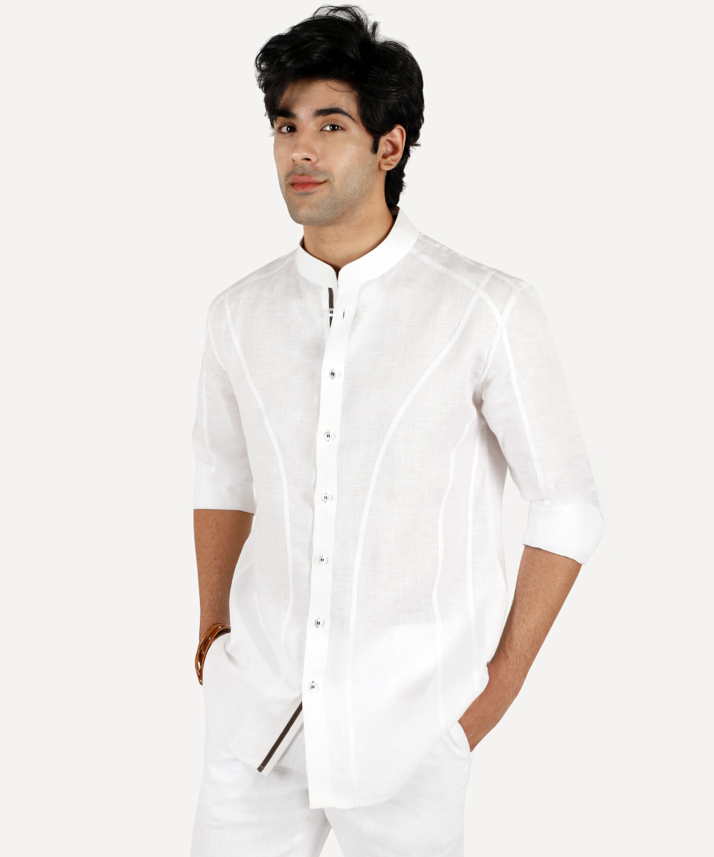 Premium Italian linen cut and sew signature shirt with Mandarin collar