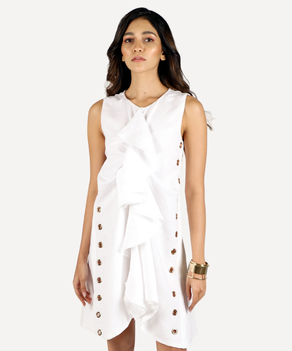 White Ruffle Dress With Rivet Detail
