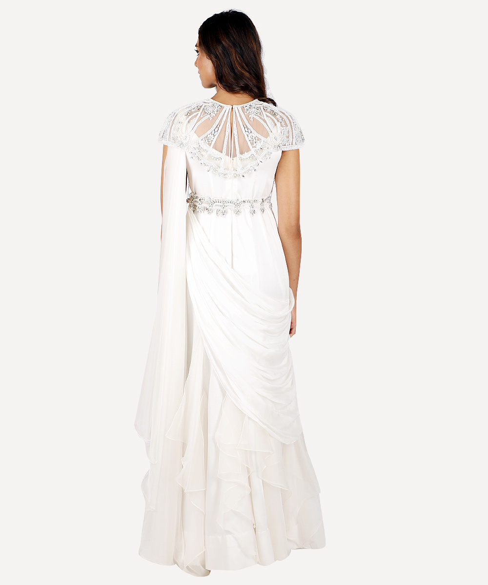 White Saree Gown With Crystal Bordice & Belt