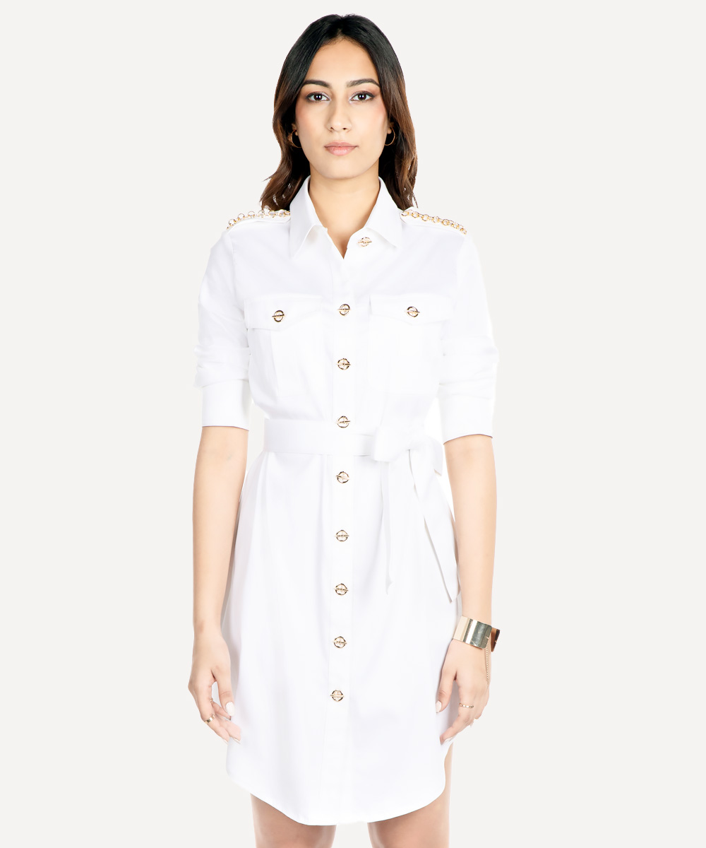 White Italian linen shirt dress with belt