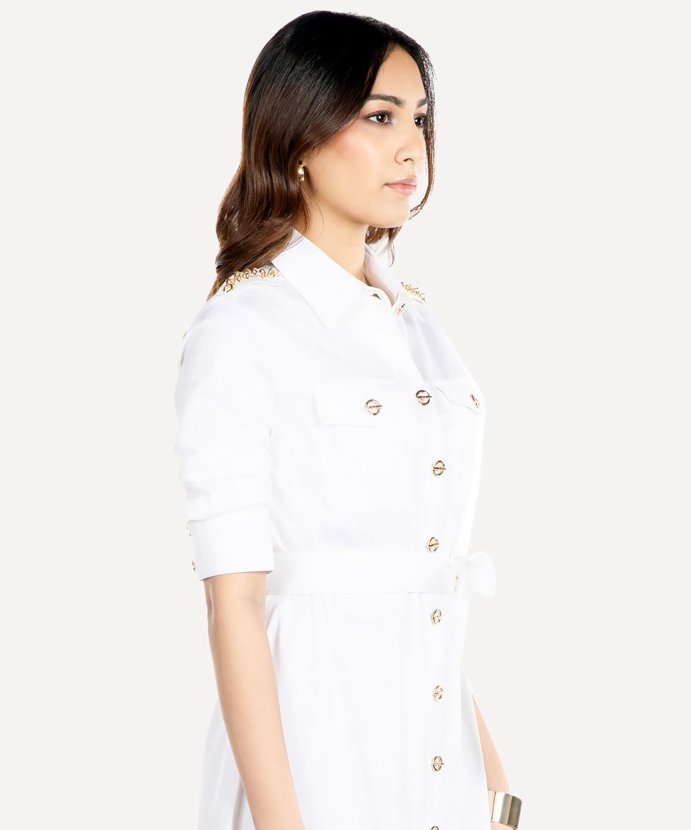 White Italian linen shirt dress with belt