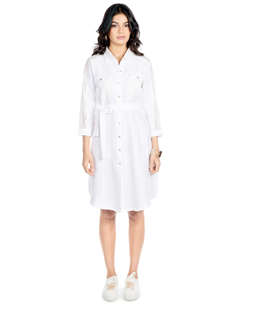 White Italian linen shirt dress with lace sleeves