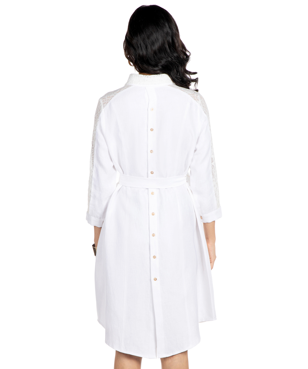 White Italian linen shirt dress with lace sleeves