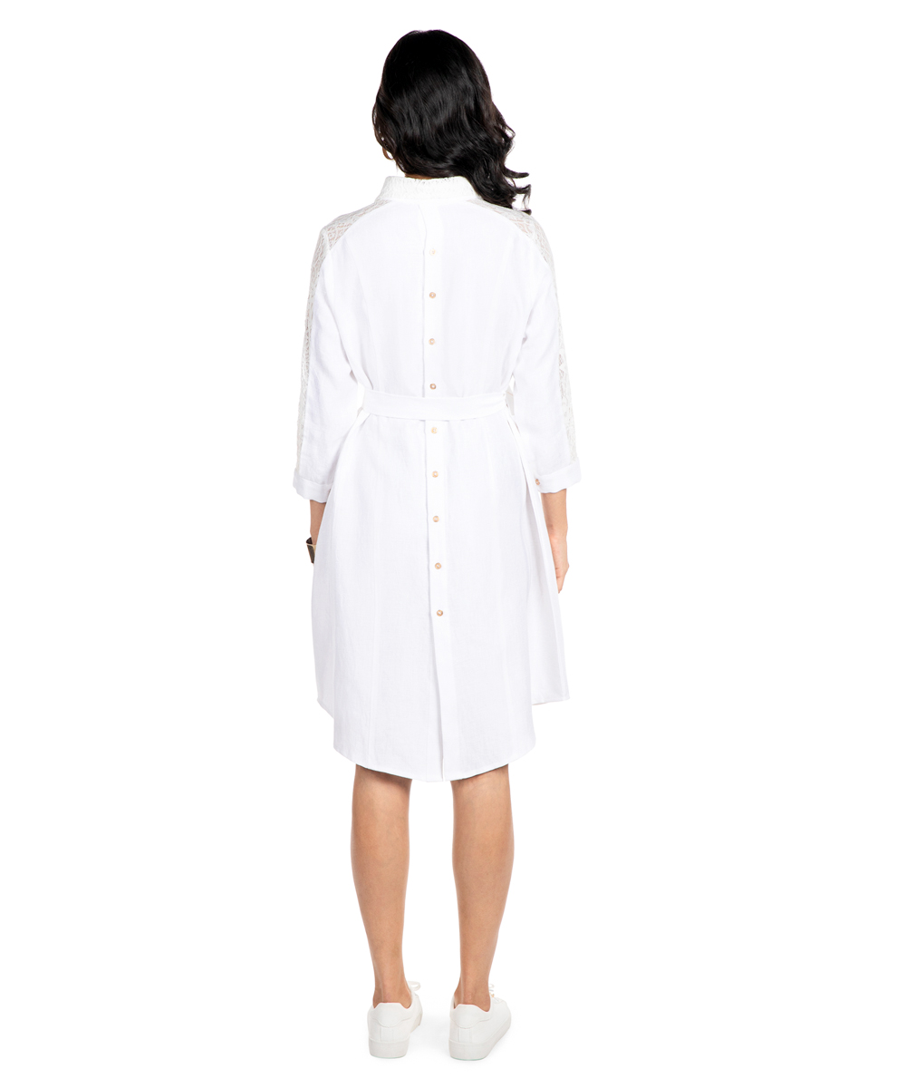 White Italian linen shirt dress with lace sleeves