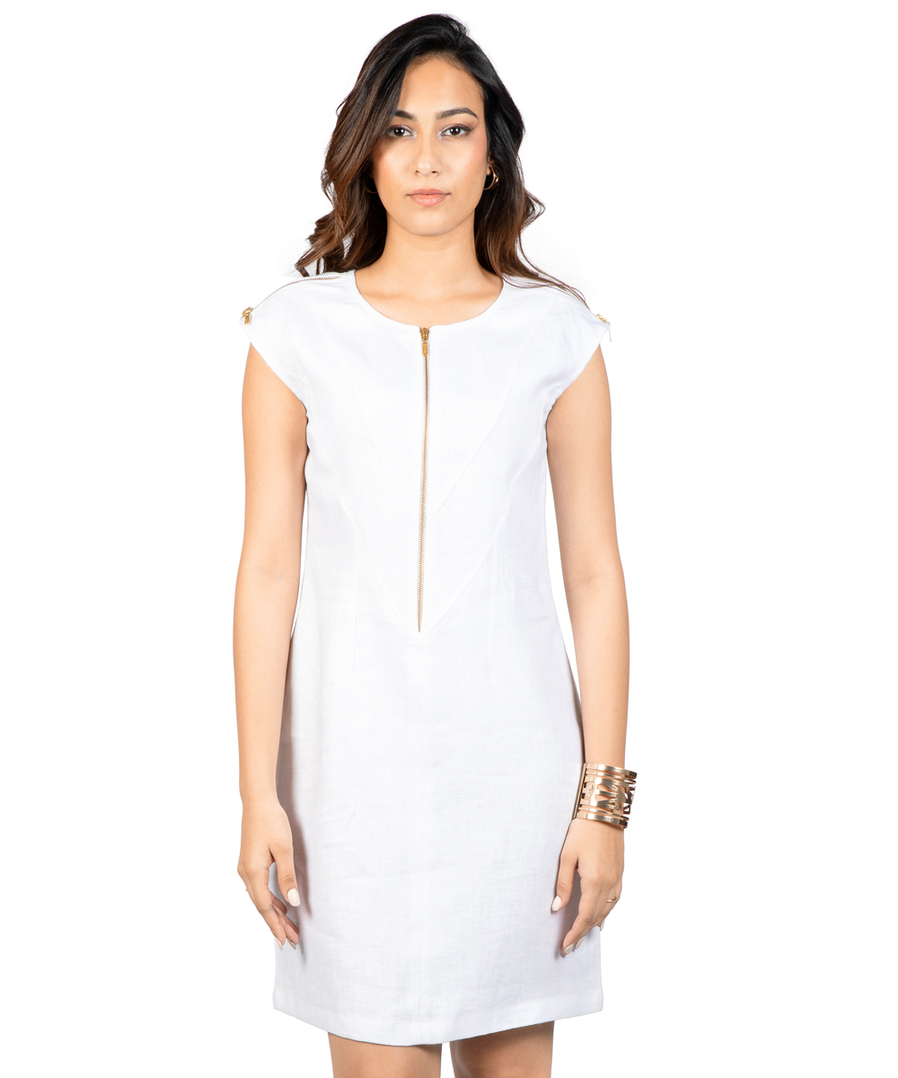 White Italian linen A-line dress with gold zipper